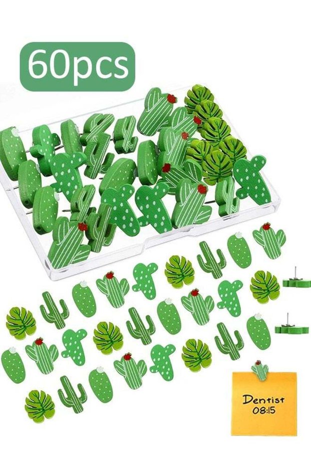 60 pcs Wooden Push Pins, Cactus Palm Leaf Thumb Tack Decorative, Cute Pushpins for Photos Wall, Ma