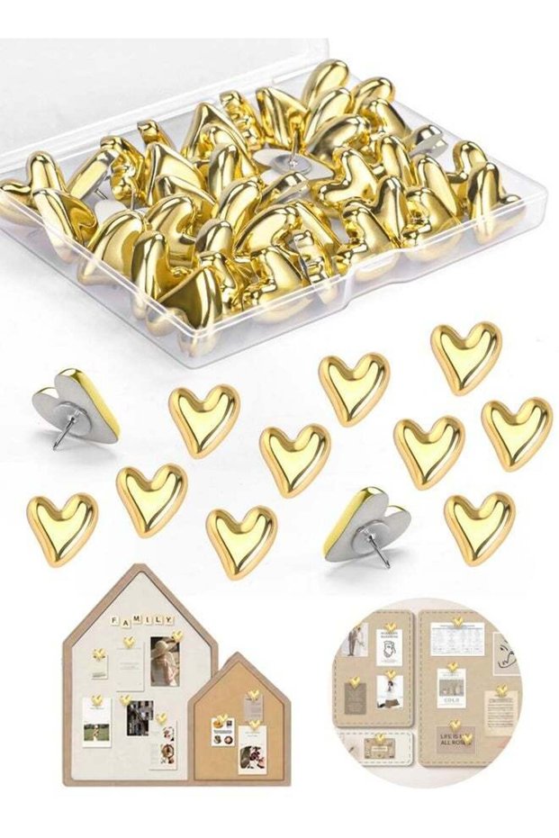 30 Pieces Cute Heart Push Pins, Gold Thumb Tacks, Decorative Gold Push Pins for Bulletin Board, Cor