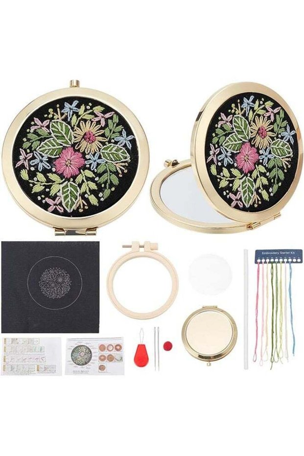 Stamped Cross Stitch Mirror Kit DIY Bouquet Mirror Embroidery for Beignners Vintage Portable Round
