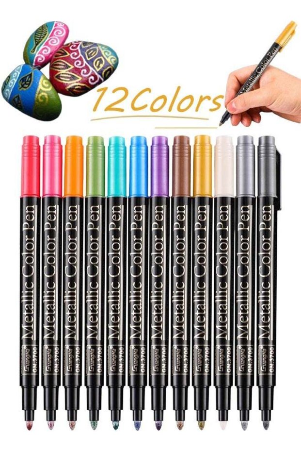 Metallic Marker Pens 12 Colors Medium Point Metallic Pens Paint Markers for Black Paper Rock Painti