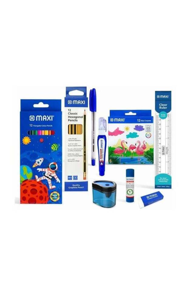 Wax crayons 12colour+Colour pencils 12colour+Dust free eraser + Container sharpener + Ball point pe