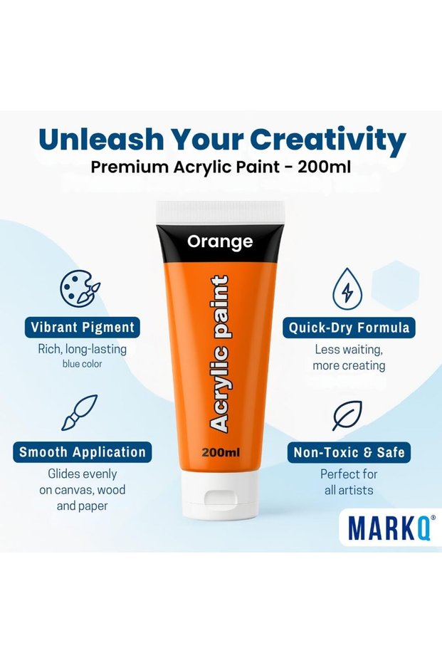 Acrylic Paint 200 ml Tube – Rich, Highly Pigmented Non-Toxic Artist Colors | 10 Vibrant Colors for