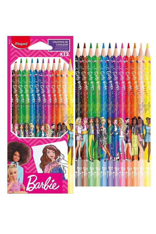 12-Piece Ergonomic Triangular Shape Colour Pencils Barbie Design Multicolour