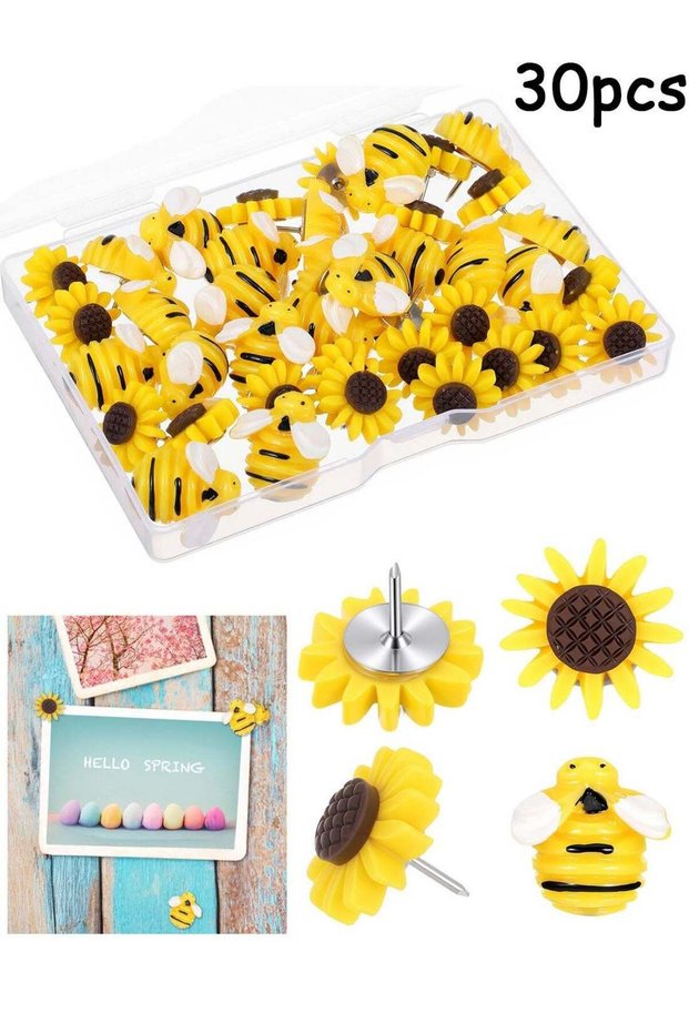 30 Pcs Bee Thumbtacks Sunflower Bee Push Pins Resin Flowers Bees Decorative Shaped Craft Embellishm