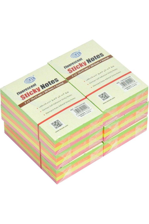 FIS Fluorescent Sticky Notes, Assorted Colors, 3 x 2 Inch, 200 Sheets, Pack of 6 Multicolor
