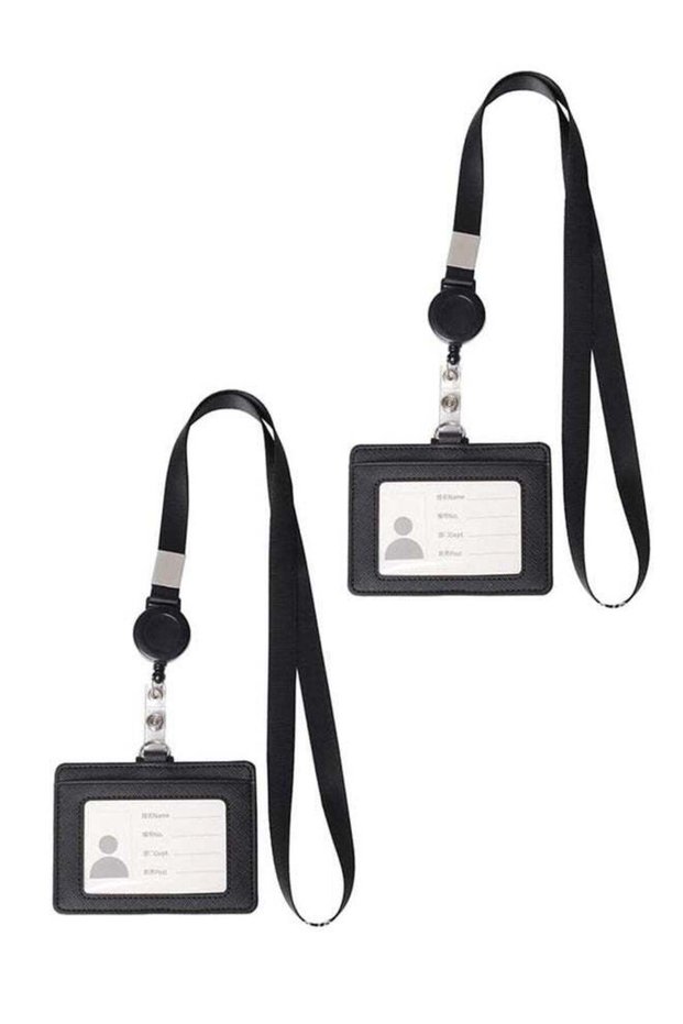 2 PCS Horizontal Leather ID Badge Holder with Retractable Lanyard, Retractable Badge Reel Nylon Lan