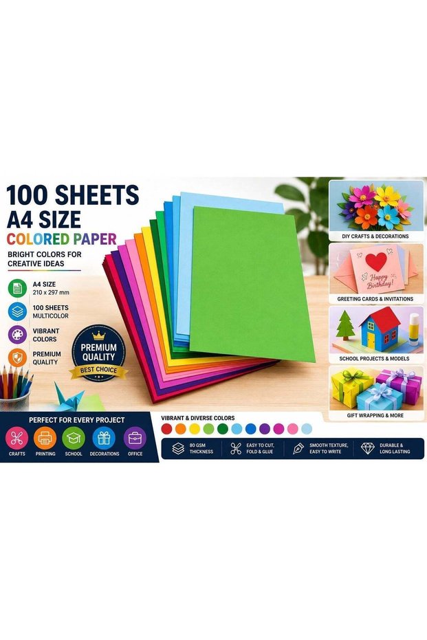 100 Sheets A4 Assorted Colored Cardstock Paper – 80 GSM Thick Multicolor Craft & Printer Paper for
