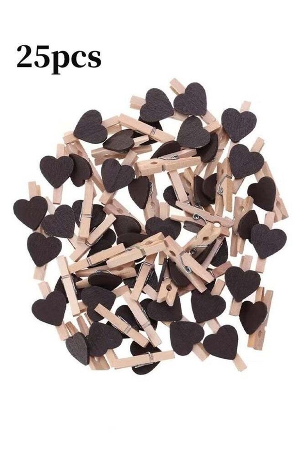 25-Piece Black Heart Shape Wooden Photo Clips,Mini Clothes Pins for Photo,with 5M Twine String for
