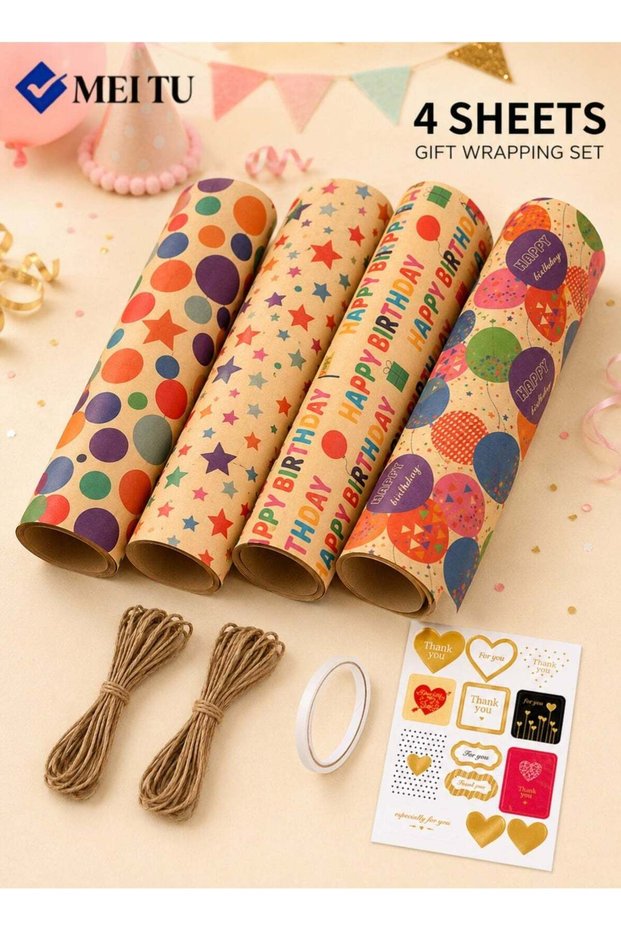 4-Sheet Birthday Gift Wrapping Paper Set with Twine, Tape and Stickers, 70 × 50 cm, Assorted Design