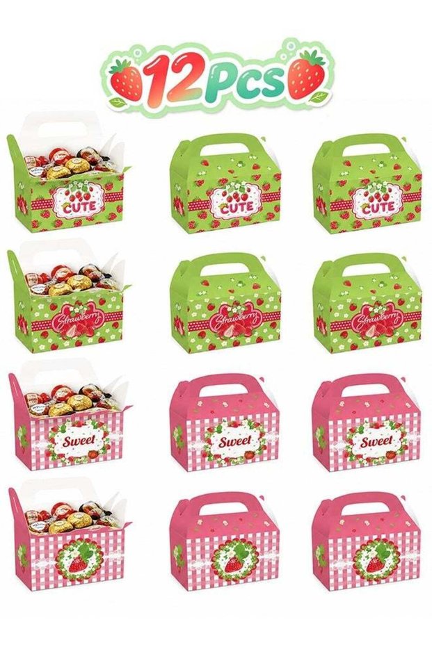 12 Pcs Strawberry Treat Boxes with Handle - Double‑Sided Printed Goodie Boxes - Sweet Fruit Themed