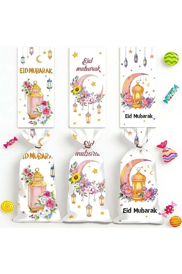 50 PCS Eid Mubarak Candy Bags: Ramadan Cellophane Treat Bags with Twist Ties - Kids Party Favors Gi