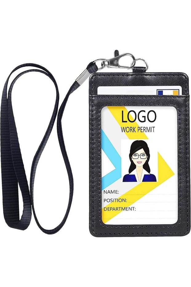 PU Leather Vertical ID Badge Holder with Lanyard – Clear Window Card Holder Holds 2 Cards, for Offi