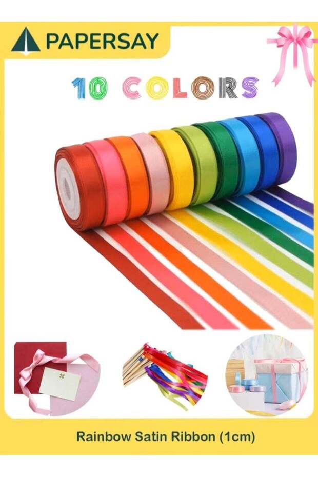 10pcs Rainbow Satin Ribbon, 1cmx4.5m (3/8" x 5 Yards )Each- Perfect for Gift Wrapping, Birthday & W