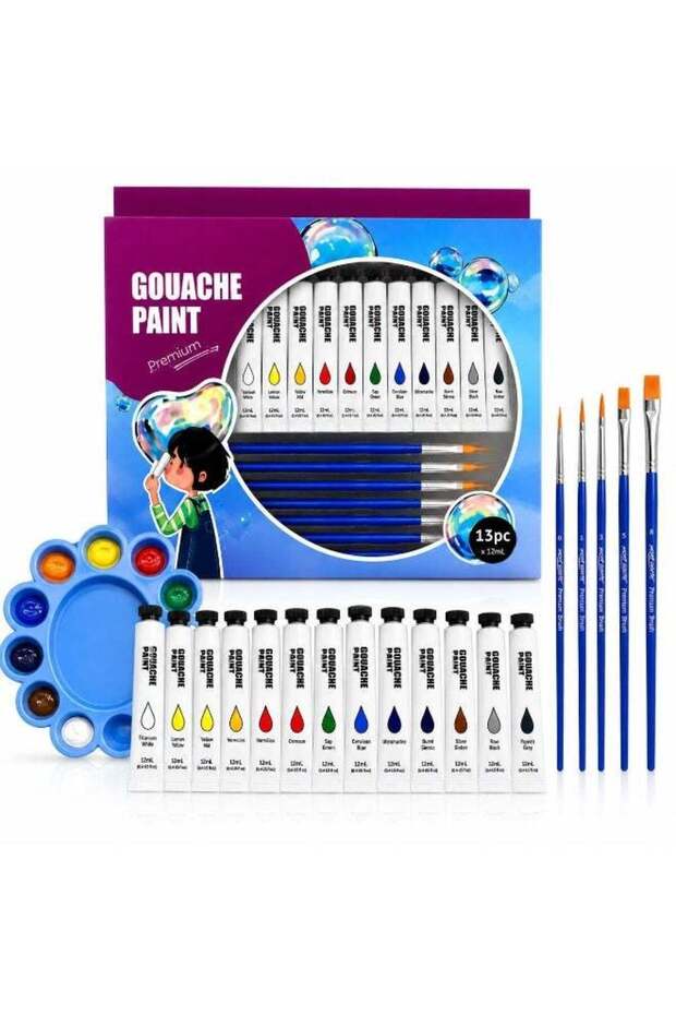 12 Colors Gouache Paint Set with 5 Paint Brushes & Paint Palette, 12ml Artist Paint Tubes, Water-Ba