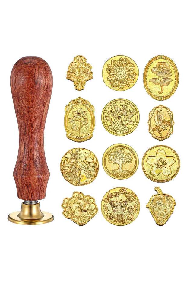 Sealing Wax Stamps – 12 Designs + Solid Wood Handle, Vintage, for Wedding Invitations