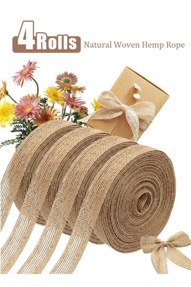 4 Rolls Of Natural Burlap Fabric With Burlap Ribbon For Gift Wrapping Wedding Event Party Home Bows
