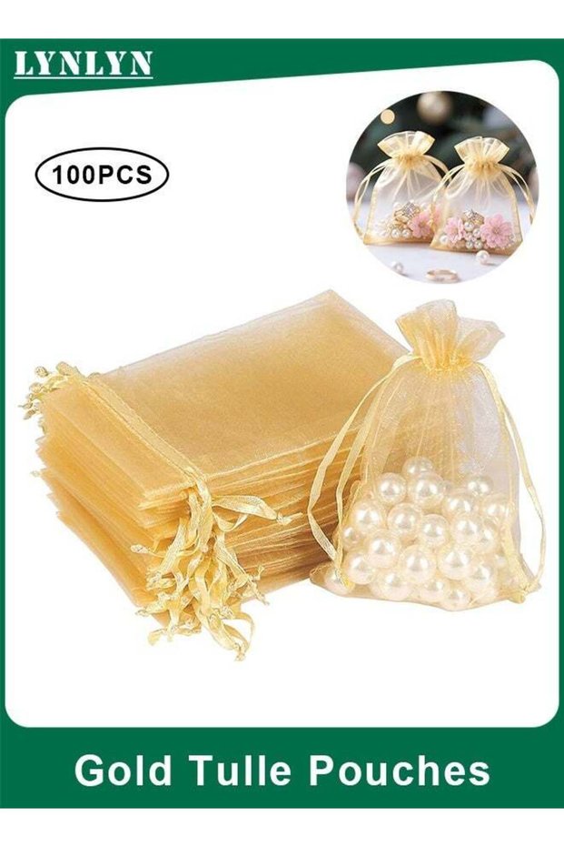 100PCS Gold Tulle Pouches With Drawstring, Mesh Drawstring Favor Pouches for Jewelry Candy Wedding