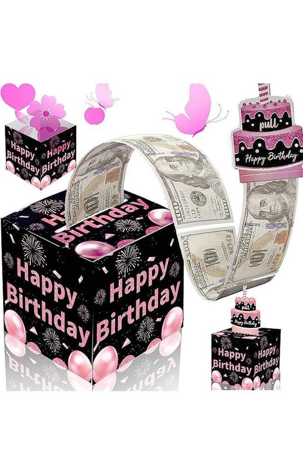 Birthday Money Box for Cash Gift Pull, Surprise Money Roll Gift Box with Pull Out Card and 30 Trans