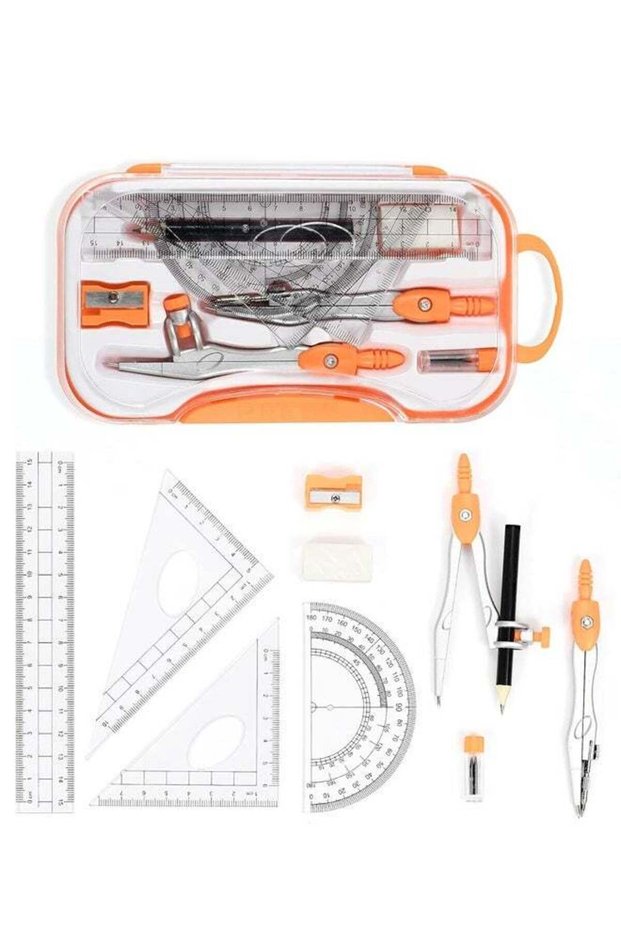 10PCS Math Geometry Kit Sets Student Supplies with Shatterproof Storage Box, Includes Rulers, Protr