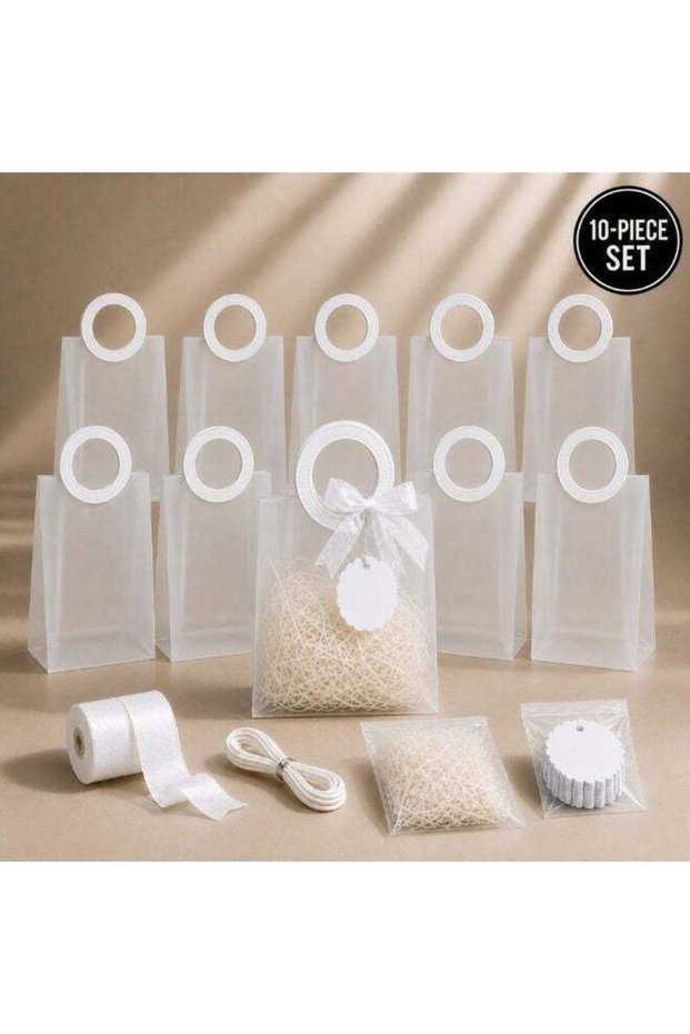 KeyAmor 10 Piece Transparent Matte Gift Bags Set with Round White Leather Handles Ribbon Tags Rope