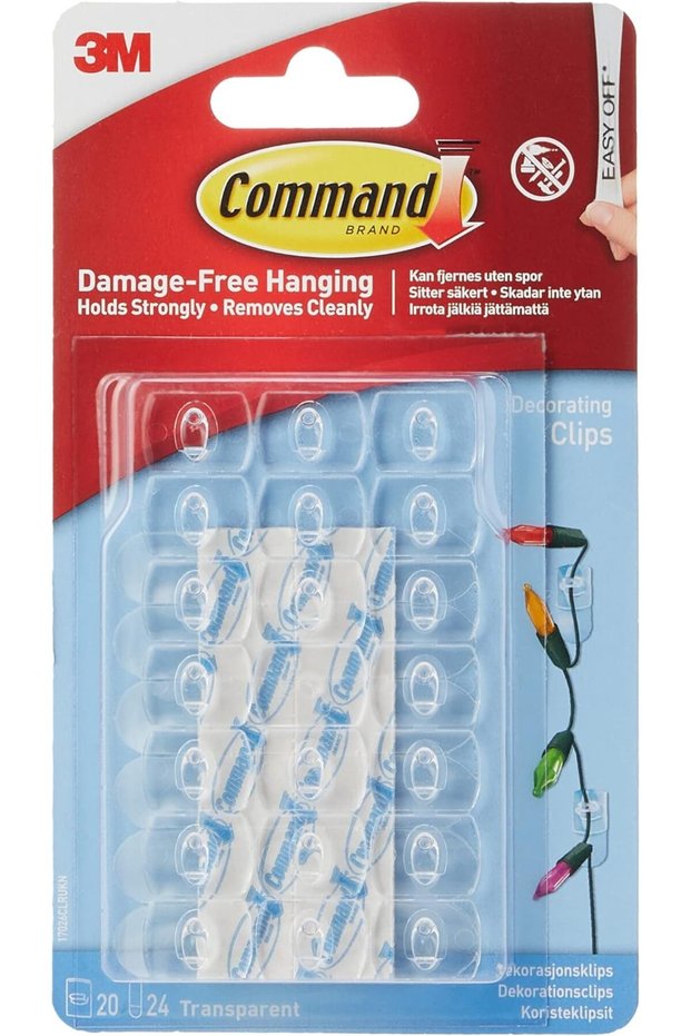 Command Decorating Small Clips - Transparent, 20 Clips + 24 Strips/Pack, Holds 180g Each