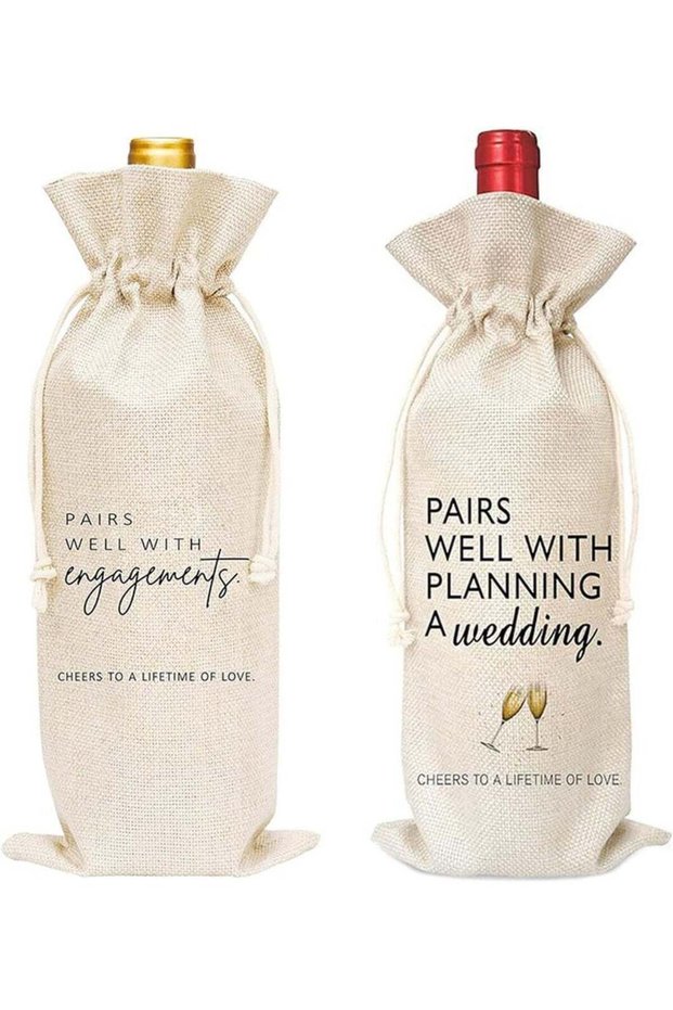 Engagement & Wedding Wine Bottle Gift Bags Pair – Cotton Drawstring Packaging – Pairs Well With Eng
