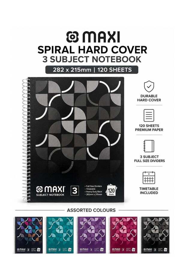 1-Piece Hard Cover Spiral Notebook With Three Subject Divisions 8.5x11 Inch Size 120 Sheets