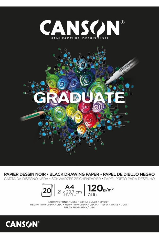 Canson® Graduate® Black Drawing Paper Pad, A4, 120gsm, 20 Sheets