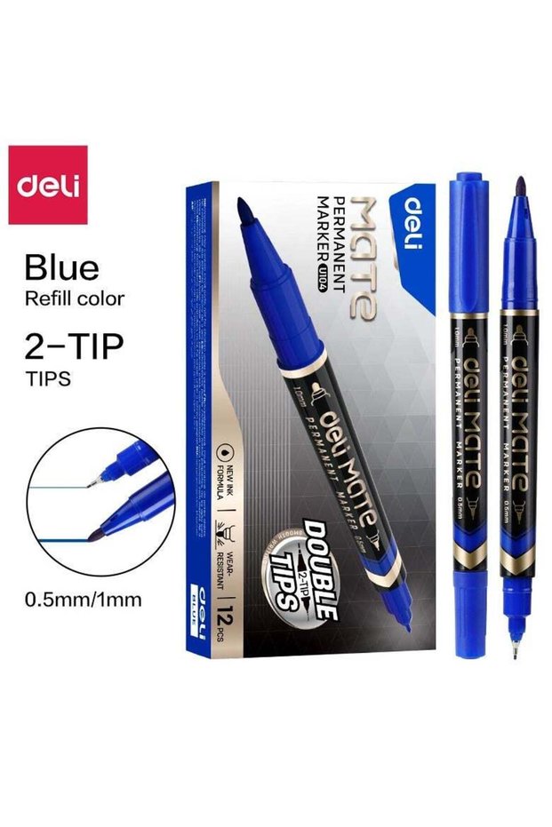 Deli EU10430 Permanent Marker (Blue, Dual-tip 1.0mm & 0.5mm, 12pcs/box) – ideal for labeling, marki