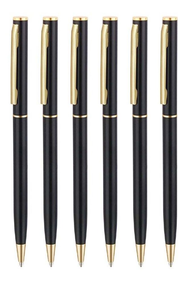 6PCS Premium Slim Matte Black Gold Metallic Ballpoint Pens, 1.0mm Medium Point Smooth Writing Retra