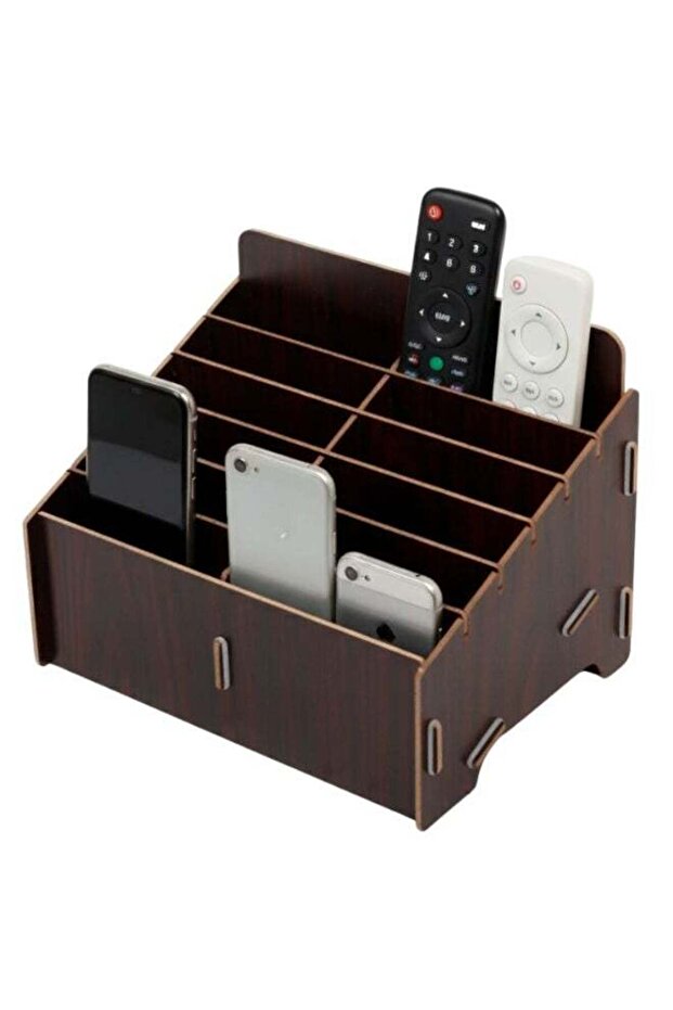 Wooden Desk Organizer with 12 Compartments for Office Supplies Phone and Remote Control Holder Dark
