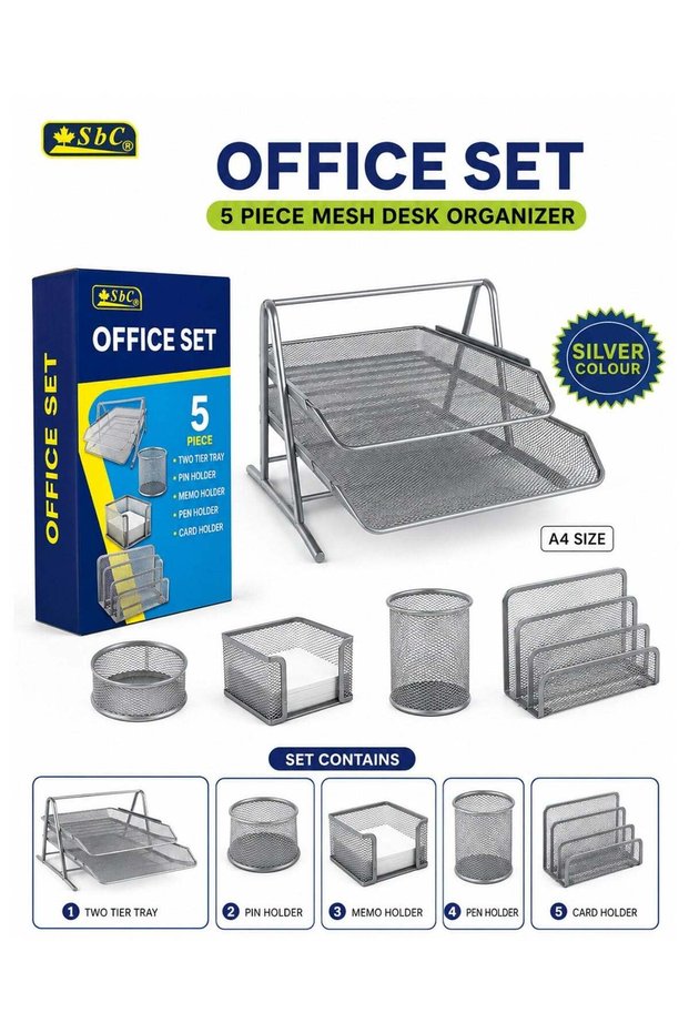 5-Piece Metal Mesh Desk Organizer Set Silver
