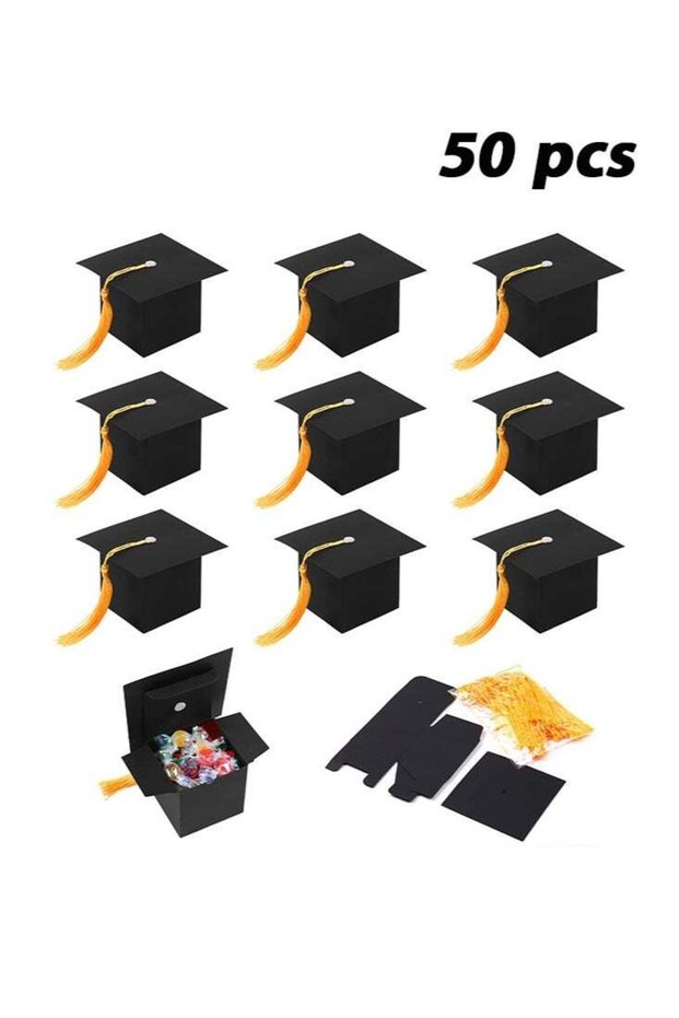 50 Pack Graduation Candy Boxes, Graduation Cap Gift Sugar Chocolate Boxes with Yellow Tassel, DIY G