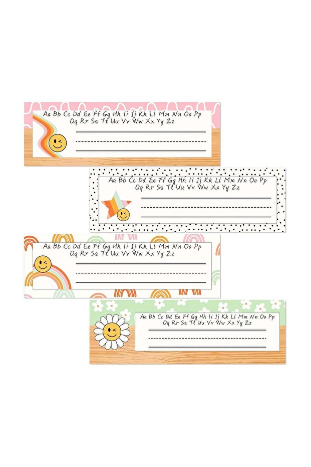 Boho Groovy Retro Name Tag Stickers Rainbow Smile Flower Sticky Nameplates 4 Designs Back to School
