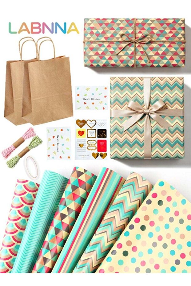 14 pcs Gift Wrapping Paper Set,All-in-One Gift Packaging Kit with 6 Sheets 70×50cm Kraft Wrapping P