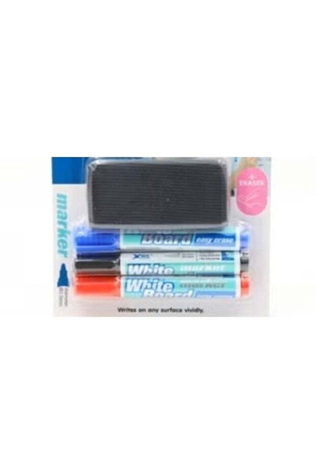 White Board Marker Pens Set with Eraser – 3+1 Pack (Red, Blue, Black) | Easy Erase & Smooth Writing