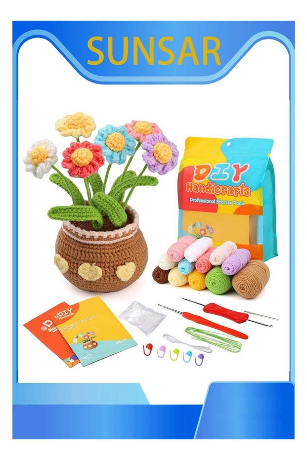 Crochet Kit, Flower Bouquet Potted, Crochet Kits for Adults, Crochet Materials Pack, Includes Yarns