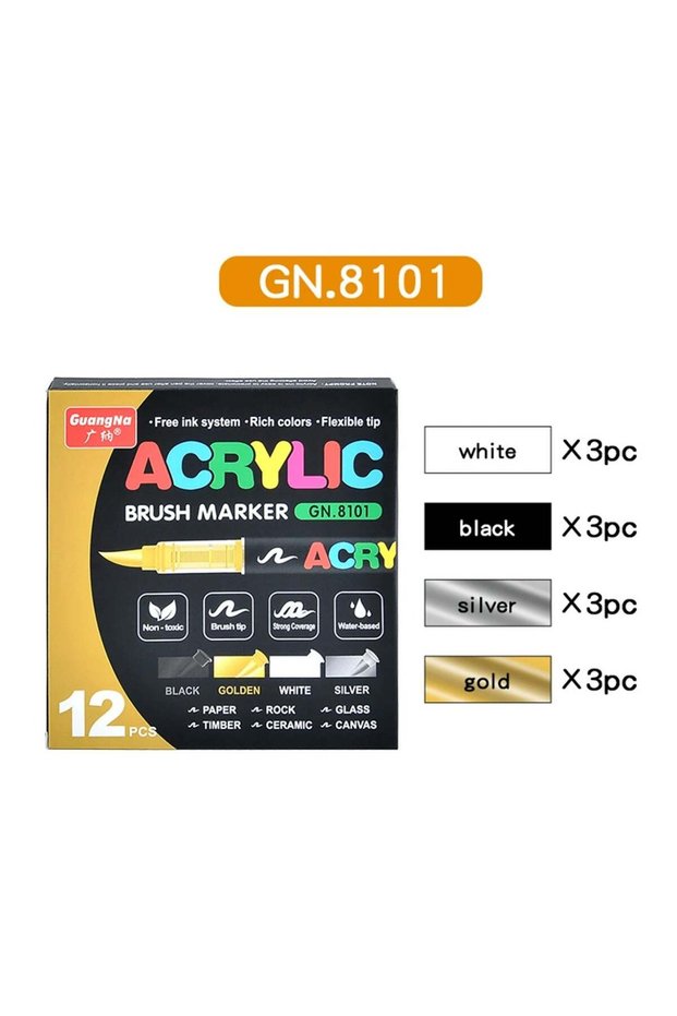 12Pcs / 3 Black + 3 Gold + 3 White + 3 Silver Colors Acrylic Brush Markers - Quick-Drying Waterproo