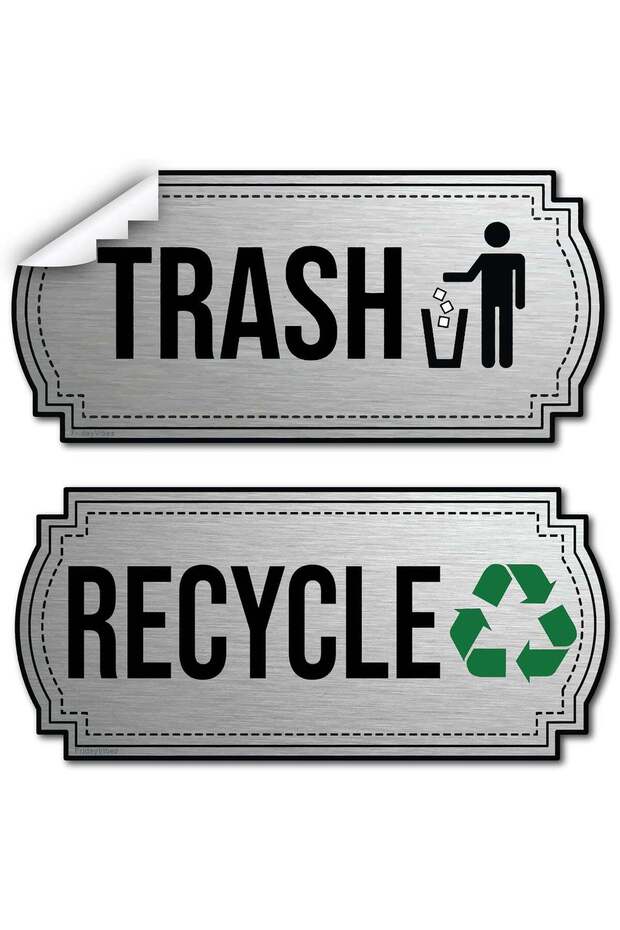 Recycle and Trash Stickers for Trash Cans - Stainless Steel Style Vinyl Recycling Bin Labels - 2 Pa