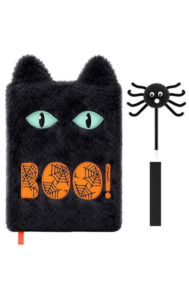 Cute Plush Black Cat Notebook and Fuzzy Spider Pen Set with Cat Ears & Big Eyes Design & Plush Spid