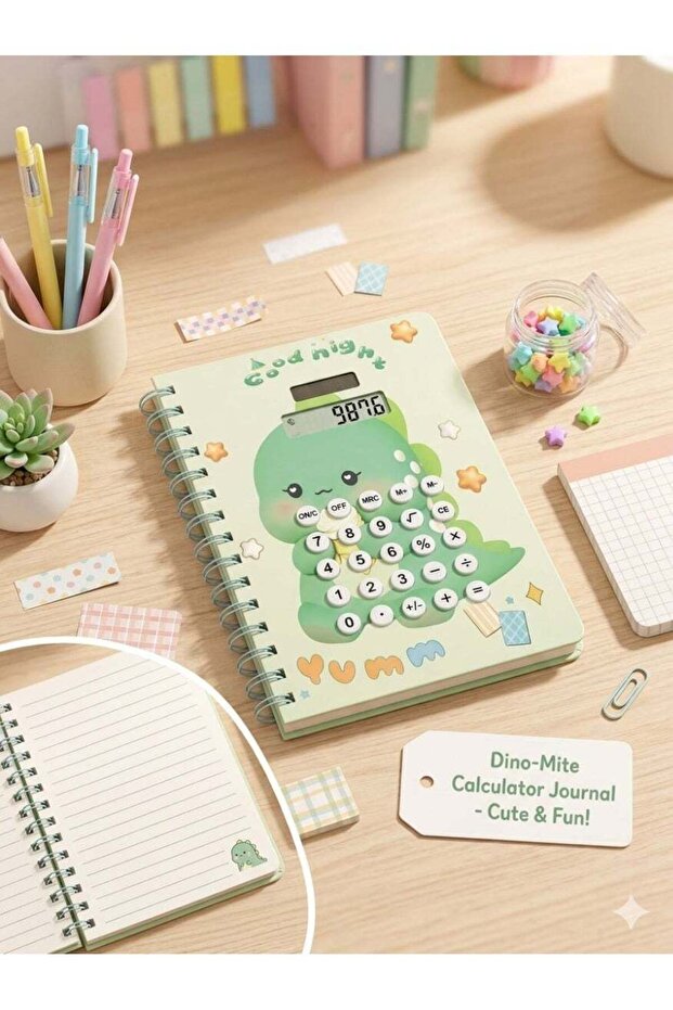 Dino Calculator Notebook Diary with Spiral Binding – Portable Memo Notepad with Built-in Silicone B