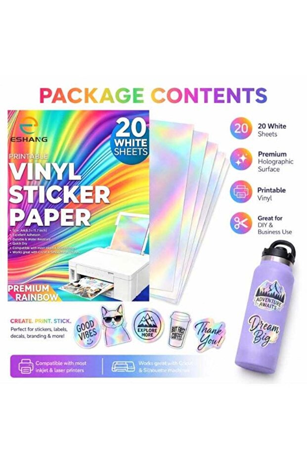 ESHANG 20 Sheets Vinyl Sticker Paper Rainbow,for Inkjet Printer/Laser Printer,Size A4(8.3x11.7 inch