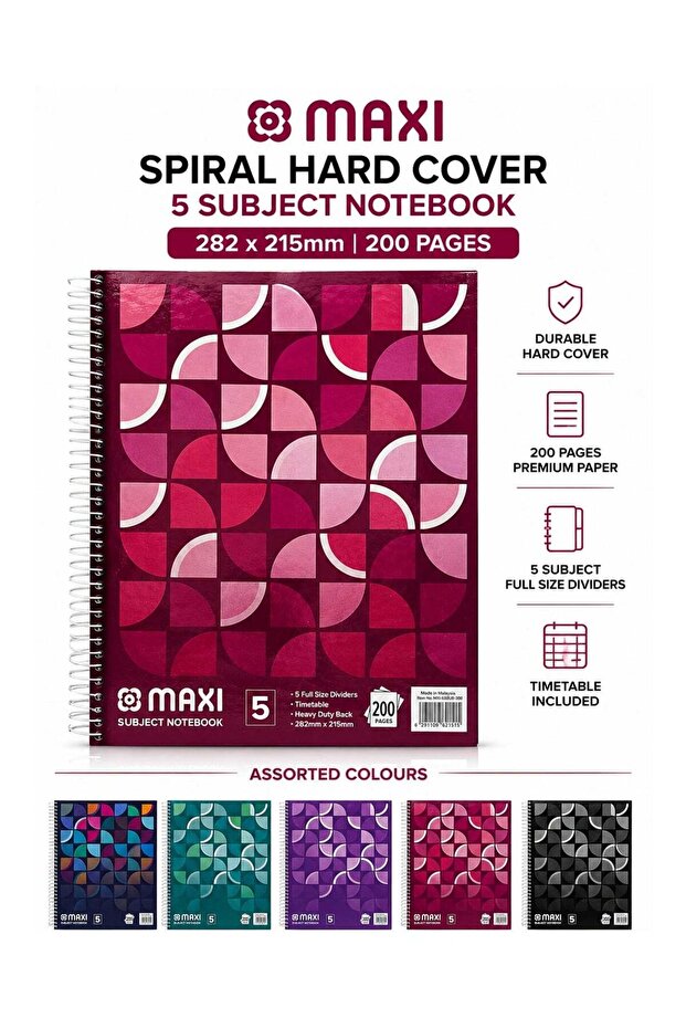 1-Piece Hard Cover Spiral Notebook With Five Subject Divisions 8.5x11 Inch Size 200 Sheets