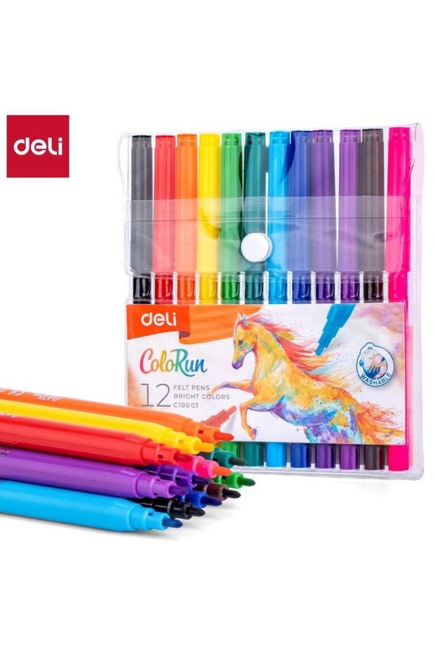 Deli EC10003 COLORUN Washable Felt Pen, Round Barrel, Fiber Conical Tip 1.0-1.2mm, 12 Colors