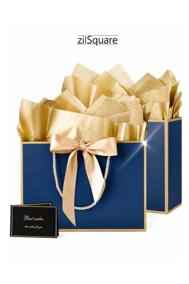2Pcs High Quality Luxury Gift Bag with Tissue Paper & Best Wishes Card – Elegant Blue Gold Paper Gi