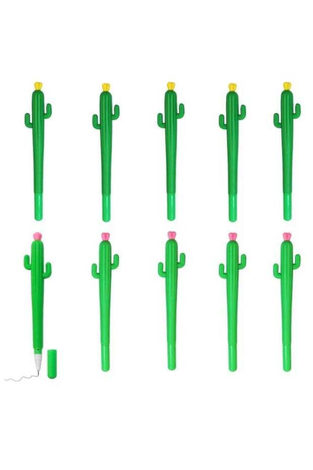 10 Pack Novelty Cactus Shaped Gel Pens,5 Pink Flower & 5 Yellow Flower Decorative Plant Design Blac