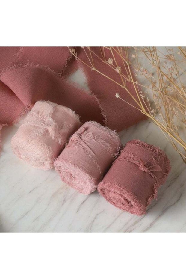 3 Rolls Handmade Fringe Chiffon Silk Ribbon Raw-Edge Satin Ribbon Wedding Flower Tie Bouquet Ribbon