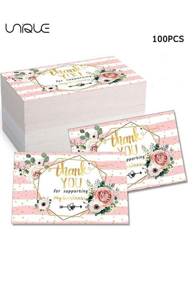 100 Pcs Card - 5*9cm Pink Thank You Postcard - Imitation Gold & Pink Floral Thank You Card - Small