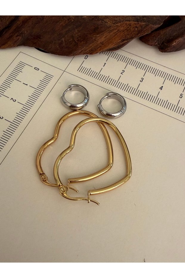 316 L Surgical Steel Set of 4 Heart Hoop Earrings Gold&Silver Color Hoop Earrings Steel Earrings 8 mm