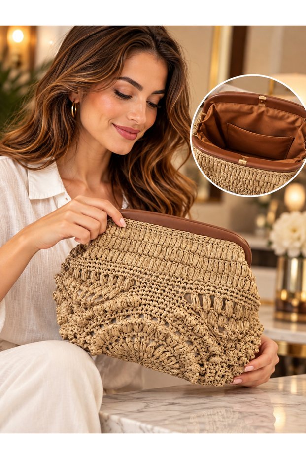 Women's Beige Knitted Clutch Handmade